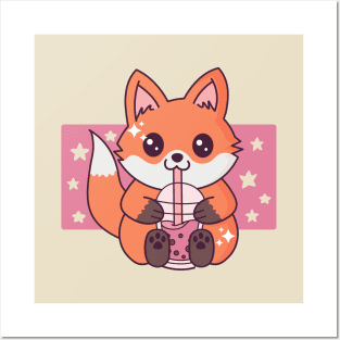 Baby Fox Drinking Boba Tea Cute Kawaii Fox Lover Posters and Art